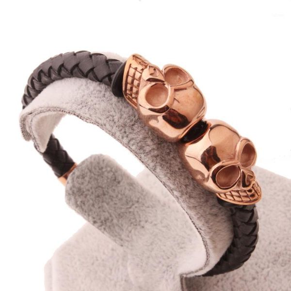 handsom stainless steel black rose gold skull black leather woven bracelet chain men's boy's jewelry 5mm1, White
handsom stainless steel black rose gold skull black leather woven bracelet chain men's boy's jewelry 5mm1, White