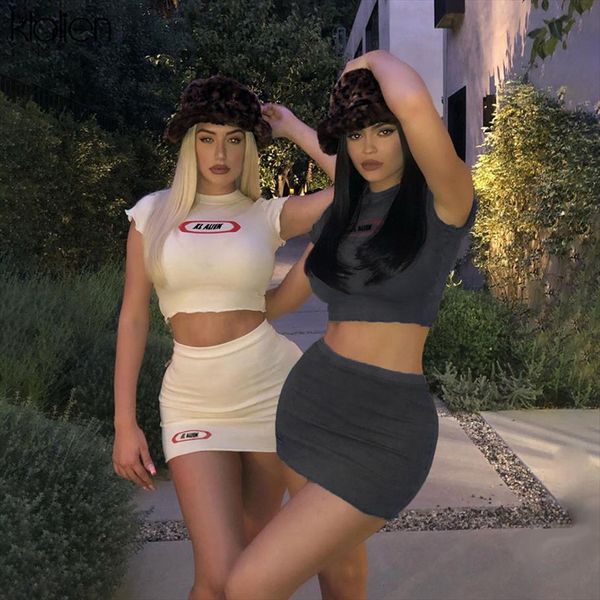 klalien 2020 summer woman suit fashion casual black white skirt and set letter print cotton two pieces skirt set mujer, Gray 
klalien 2020 summer woman suit fashion casual black white skirt and set letter print cotton two pieces skirt set mujer, Gray