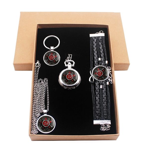 classic soviet army scythe hammer jewelry gift set have pocket watch and pendant necklace and key chains bracelet with gift box t200502, Slivery;golden
classic soviet army scythe hammer jewelry gift set have pocket watch and pendant necklace and key chains bracelet with gift box t200502, Slivery;golden