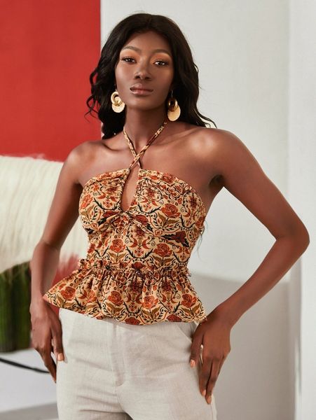 newness floral print ruffle hem backless halter f9wr#, White 
newness floral print ruffle hem backless halter f9wr#, White