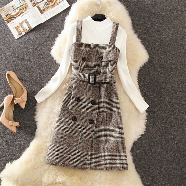 2020 new autumn elegant long sleeve knit pullover sweater + high waist fashion plaid woolen strap dress two-piece set x0923, Gray
2020 new autumn elegant long sleeve knit pullover sweater + high waist fashion plaid woolen strap dress two-piece set x0923, Gray