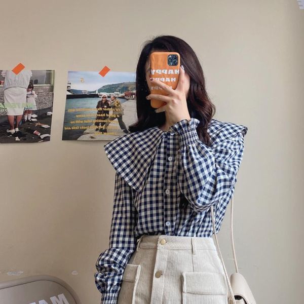 women's blouses & shirts spring and autumn long-sleeved korean doll collar loose blouse all-match single-breasted checkered shirt gx249, White
women's blouses & shirts spring and autumn long-sleeved korean doll collar loose blouse all-match single-breasted checkered shirt gx249, White