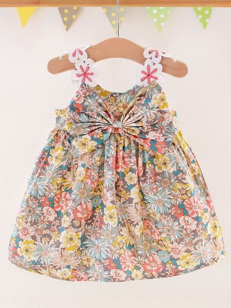 baby allover floral print appliques bow front dress she, Red;yellow