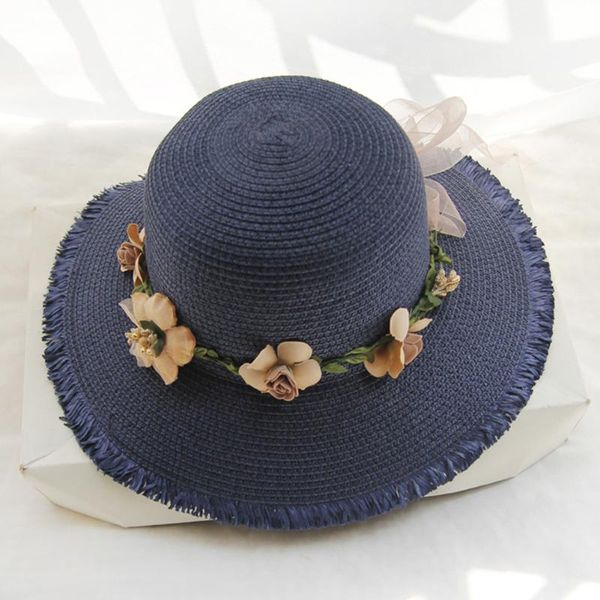 

foldable water-sprinkling festival women girls outdoor travel straw hat warp knitting flower embellish summer wide brim holiday, Blue;gray