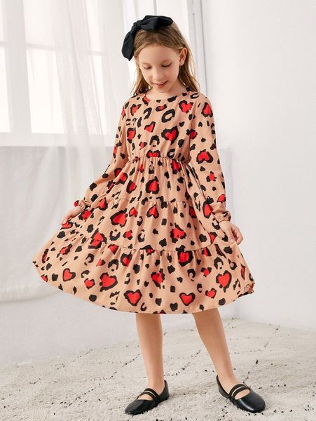 girls heart print bishop sleeve ruffle hem dress she, Red;yellow