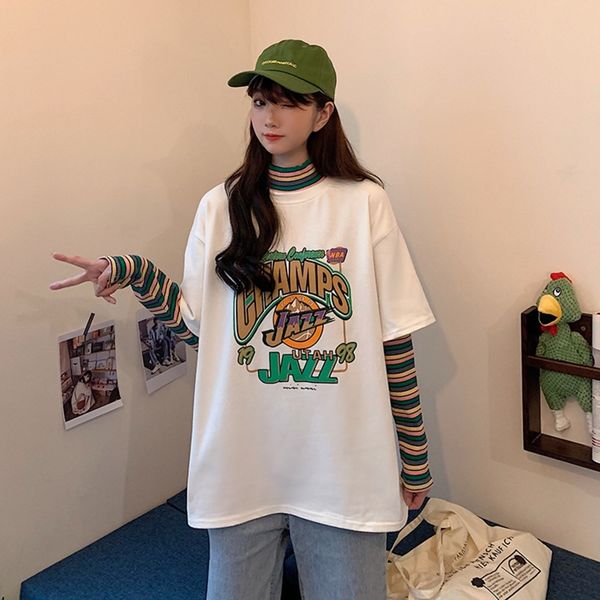 58swk women's long-sleeved t-shirt t-shirt autumn korean new long-sleeved super ins internet red fake two mid-length style loose large, Black
58swk women's long-sleeved t-shirt t-shirt autumn korean new long-sleeved super ins internet red fake two mid-length style loose large, Black