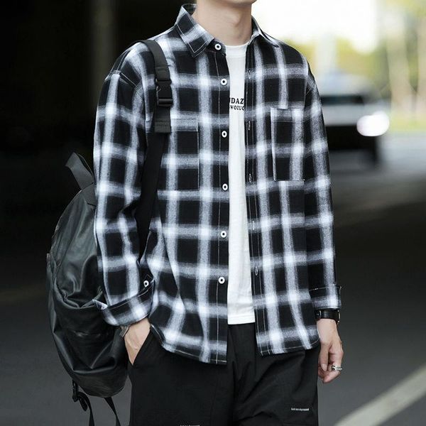 men's casual shirts men plaid shirt korean fashion long sleeve loose slim fit 2021 spring autumn harajuku male blouse clothing, White;black
men's casual shirts men plaid shirt korean fashion long sleeve loose slim fit 2021 spring autumn harajuku male blouse clothing, White;black