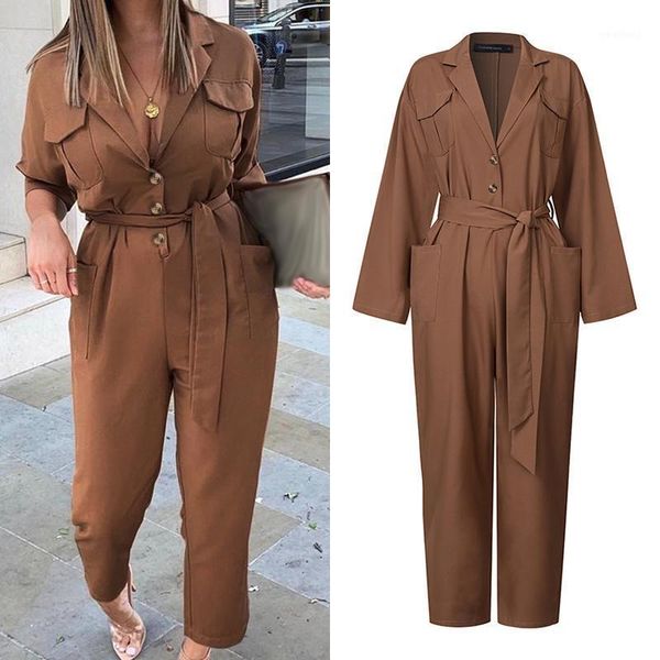 women's jumpsuits & rompers celmia fashion women suit collar long sleeve plus size casual solid cargo pants elegant pockets work overal, Black;white 
women's jumpsuits & rompers celmia fashion women suit collar long sleeve plus size casual solid cargo pants elegant pockets work overal, Black;white