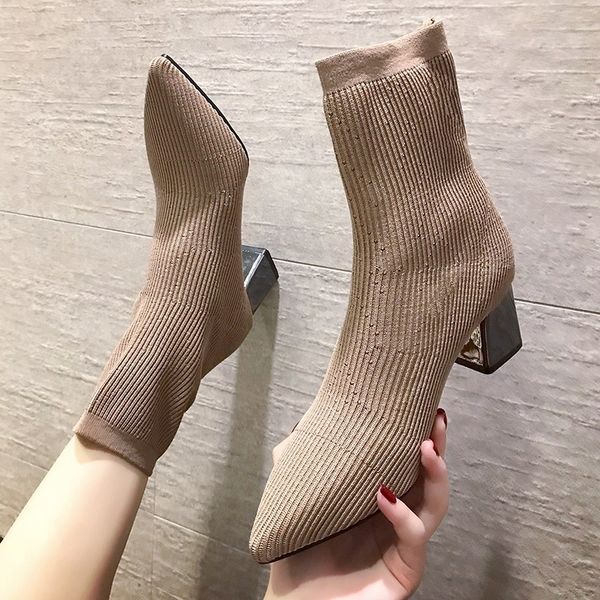 black khaki knitted elastic socks boots thick high heel ankle boots women 2019 pointed toe elegant short booties for ladies y200723
black khaki knitted elastic socks boots thick high heel ankle boots women 2019 pointed toe elegant short booties for ladies y200723