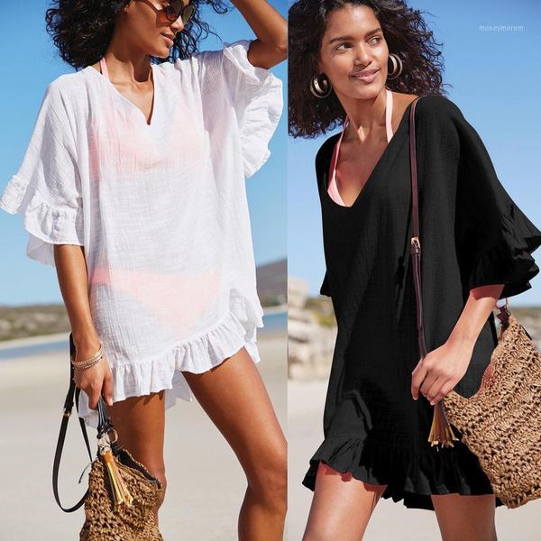 women's swimwear v-neck beach skirt dress white cotton tunic for woman eachwear swimsuit cover up sarong palge1, White;black
women's swimwear v-neck beach skirt dress white cotton tunic for woman eachwear swimsuit cover up sarong palge1, White;black