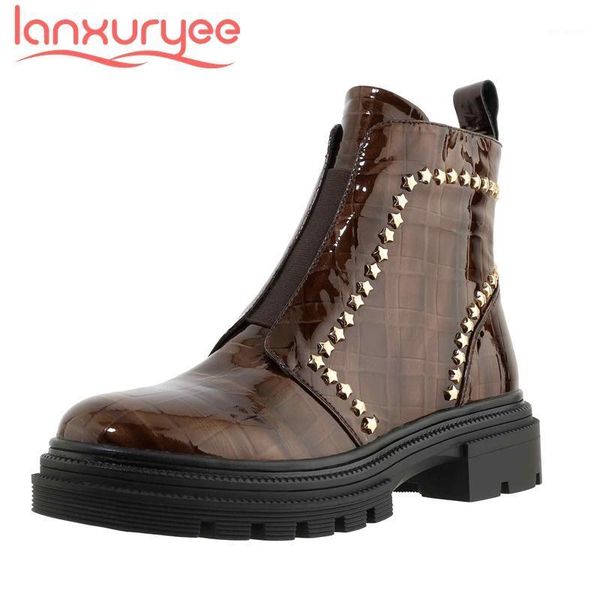 lanxuryee winter boots cow patent leather stone pattern rivet decorations round toe thick high heel slip on star ankle boots l371, Black
lanxuryee winter boots cow patent leather stone pattern rivet decorations round toe thick high heel slip on star ankle boots l371, Black