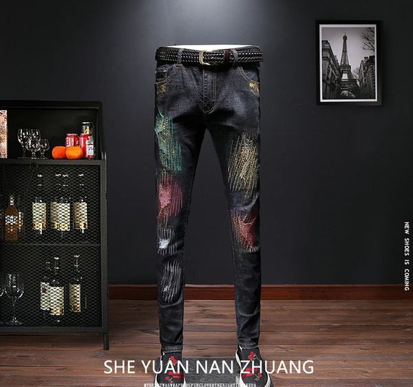 2d new european and american high-end color painting spray-painted jeans mens foreign trade holes embroidery elastic jeans, Blue
2d new european and american high-end color painting spray-painted jeans mens foreign trade holes embroidery elastic jeans, Blue