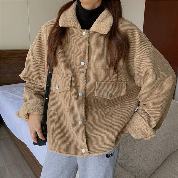 women's jackets lucyever corduroy spliced lamb fur winter coats women 2021 turn down collar thick warm clothes femme all match casual o, Black;brown
women's jackets lucyever corduroy spliced lamb fur winter coats women 2021 turn down collar thick warm clothes femme all match casual o, Black;brown