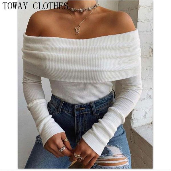 solid off shoulder long sleeve plain women knit spring and blouses ribbed blouse, White
solid off shoulder long sleeve plain women knit spring and blouses ribbed blouse, White