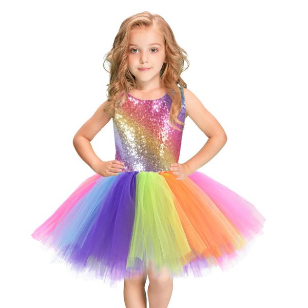 

Rainbow Princess Dress Baby Girls Ball Gown Tutu Sequined Kids Wedding Dresses Party Costumes for Children, As picture