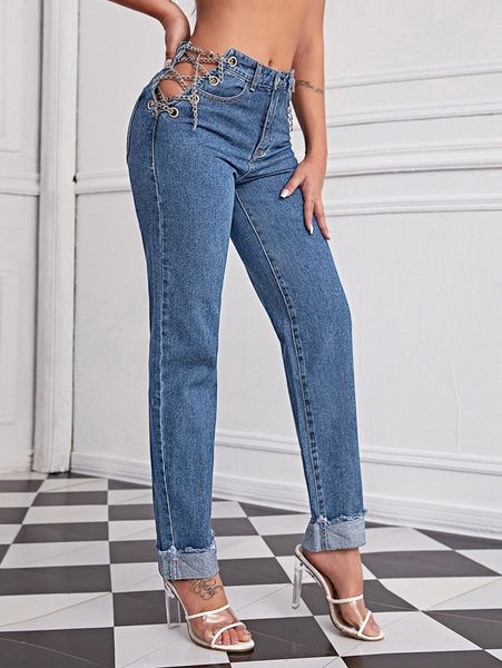 grommet eyelet chain lace up jeans p0ja#, Blue