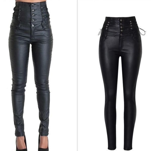 женская мода высокая талия брюки мотоцикла мотоцикла молния тонкие подходят брюки прохладные тощие кожаные брюки черный карандаш, Black;white