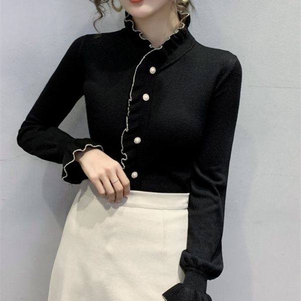 2021 spring and autumn winter with new style fashion long sleeve high collar women's sweater coat h1211, White;black 
2021 spring and autumn winter with new style fashion long sleeve high collar women's sweater coat h1211, White;black