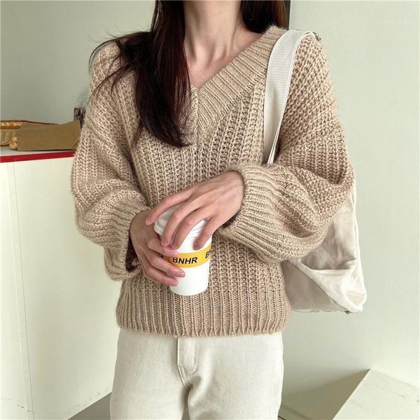 korean elegant v neck sweaters women autumn winter solid color lantern sleeve thick line knitted pullovers female loose jumper1, White;black
korean elegant v neck sweaters women autumn winter solid color lantern sleeve thick line knitted pullovers female loose jumper1, White;black
