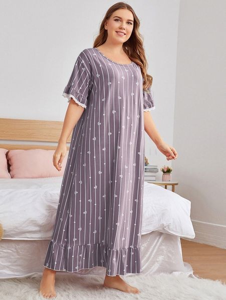 plus heart & striped print ruffle hem night dress m1wx#, Black;white
