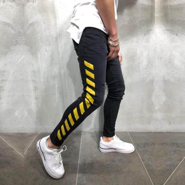 men's jeans skinny black yellow side stripes hip hop streetwear edge ripped printed street lightweight cotton, Blue
men's jeans skinny black yellow side stripes hip hop streetwear edge ripped printed street lightweight cotton, Blue