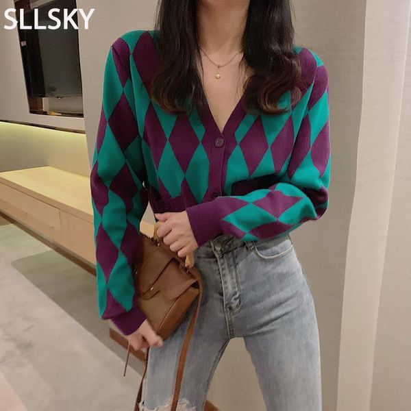 sllsky argyle plaid women cardigan sweater autumn new short contrast v-neck loose knitted casual vintage korean sweater coat, White;black
sllsky argyle plaid women cardigan sweater autumn new short contrast v-neck loose knitted casual vintage korean sweater coat, White;black