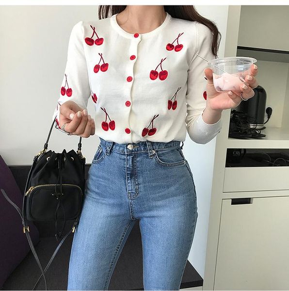 мода новые весной и осенью рыхлых вышитый узор тонкий свитер, White 
мода новые весной и осенью рыхлых вышитый узор тонкий свитер, White