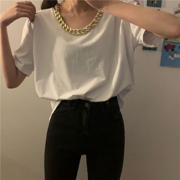 women's t-shirt spring summer chic woman chain t-shirts basic solid for ladies casual fashion femme clothes, White
women's t-shirt spring summer chic woman chain t-shirts basic solid for ladies casual fashion femme clothes, White