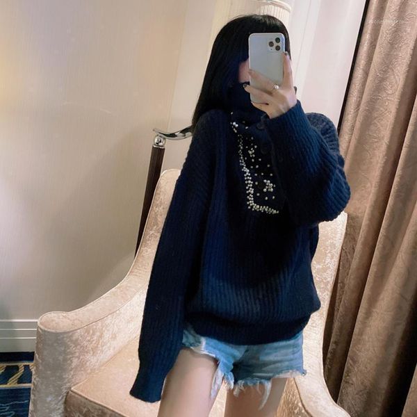 women's sweaters 2021 fall winter vintage fashion turtleneck lxuury design studded button loose long sleeve sweater christmas oversize, White;black
women's sweaters 2021 fall winter vintage fashion turtleneck lxuury design studded button loose long sleeve sweater christmas oversize, White;black