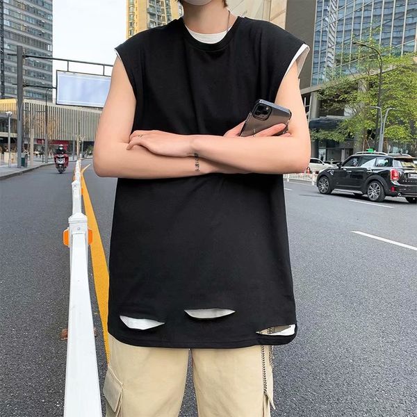 men's hip hop fashion brand loose sleeveless t-shirt 2020 summer new korean ins trend holed jacket, White;black
men's hip hop fashion brand loose sleeveless t-shirt 2020 summer new korean ins trend holed jacket, White;black