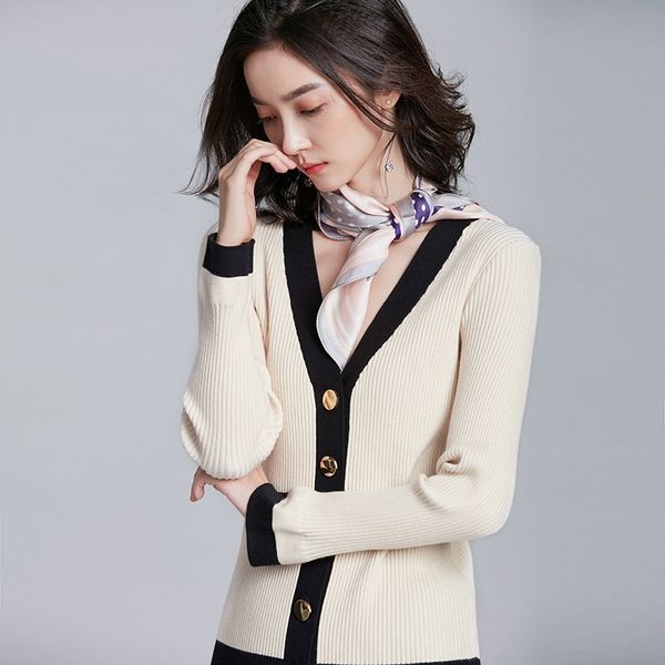 contrast knitted v neck cardigan sweater women metal button front cardigans y200915, White;black
contrast knitted v neck cardigan sweater women metal button front cardigans y200915, White;black