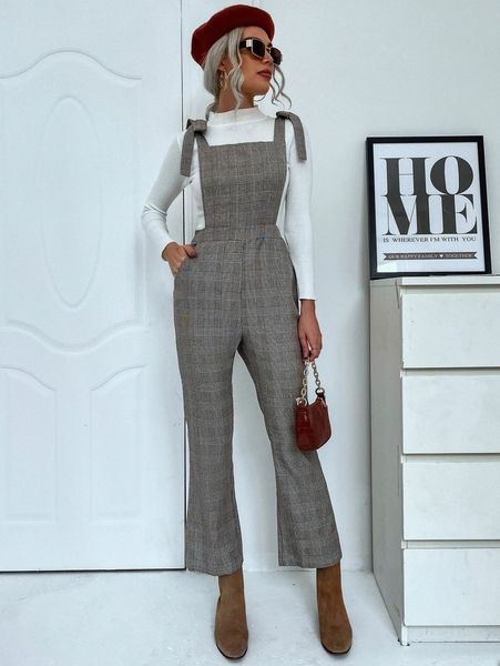 plaid tie shoulder flare leg overalls 01di#, White
plaid tie shoulder flare leg overalls 01di#, White