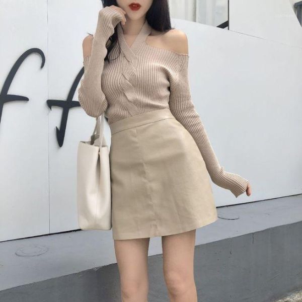 women off-shoulder halter sweater retro solid color sweater long knitted female solid slim 1, White;black
women off-shoulder halter sweater retro solid color sweater long knitted female solid slim 1, White;black