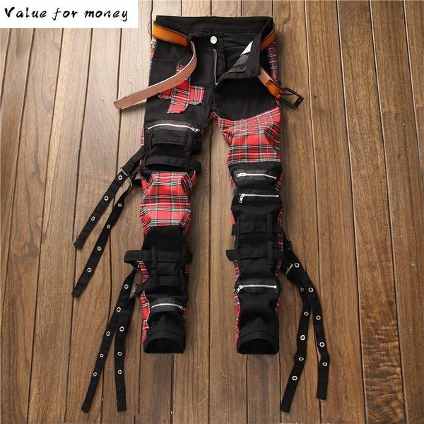 men's plaid scotland patchwork cross slim straight jeans trendy bandage denim pants, Blue
men's plaid scotland patchwork cross slim straight jeans trendy bandage denim pants, Blue