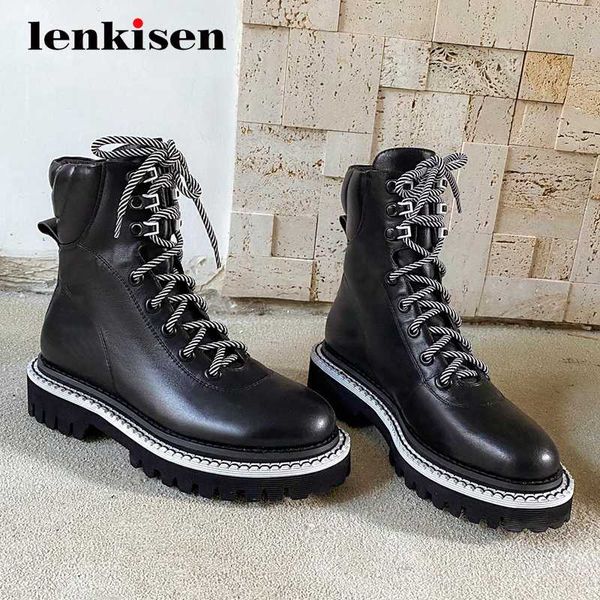 lenkisen fashion motorcycle boots real leather european cross-tied round toe thick med heel lace up preppy dress ankle boots l08, Black
lenkisen fashion motorcycle boots real leather european cross-tied round toe thick med heel lace up preppy dress ankle boots l08, Black