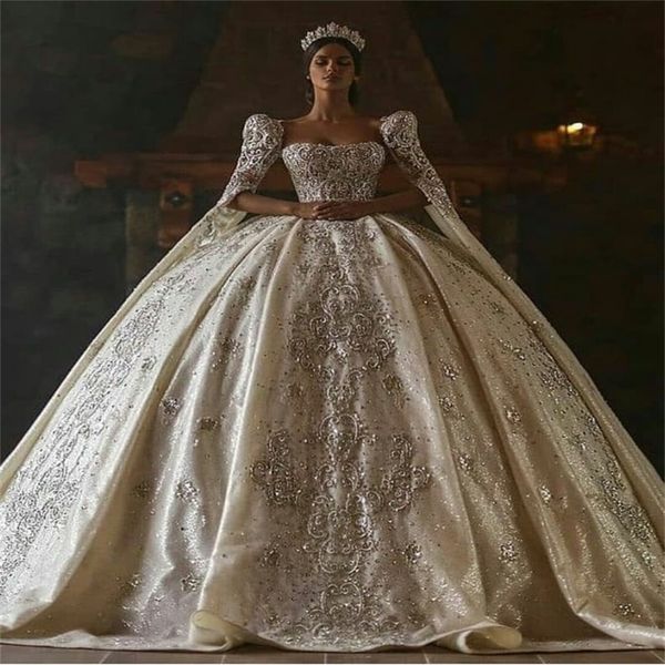 real image ball gown wedding dresses luxury long sleeves appliqued crystal sequins beads bridal gowns dubai custom made vestidos de novia, White
real image ball gown wedding dresses luxury long sleeves appliqued crystal sequins beads bridal gowns dubai custom made vestidos de novia, White