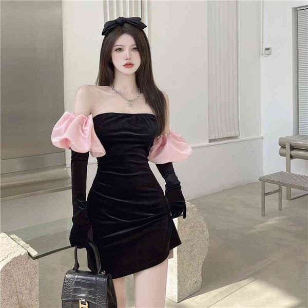 dress spring french one-shoulder puff sleeves color contrast velvet slim fit hip black tube dresses, Black;gray
dress spring french one-shoulder puff sleeves color contrast velvet slim fit hip black tube dresses, Black;gray