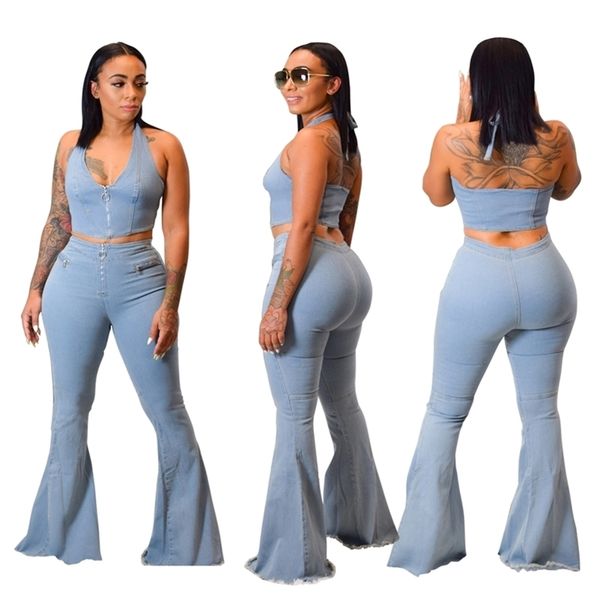 fashion women light blue washed flare jeans sets halter neck sleeveless bell bottom jeans two pieces suits new arrivals 201223
fashion women light blue washed flare jeans sets halter neck sleeveless bell bottom jeans two pieces suits new arrivals 201223