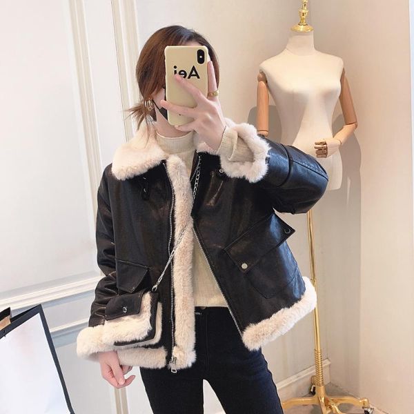 women's leather & faux 2021 fur all-in-one jacket women korean fashion winter wear plus velvet thickening short pu motorcycle, Black
women's leather & faux 2021 fur all-in-one jacket women korean fashion winter wear plus velvet thickening short pu motorcycle, Black