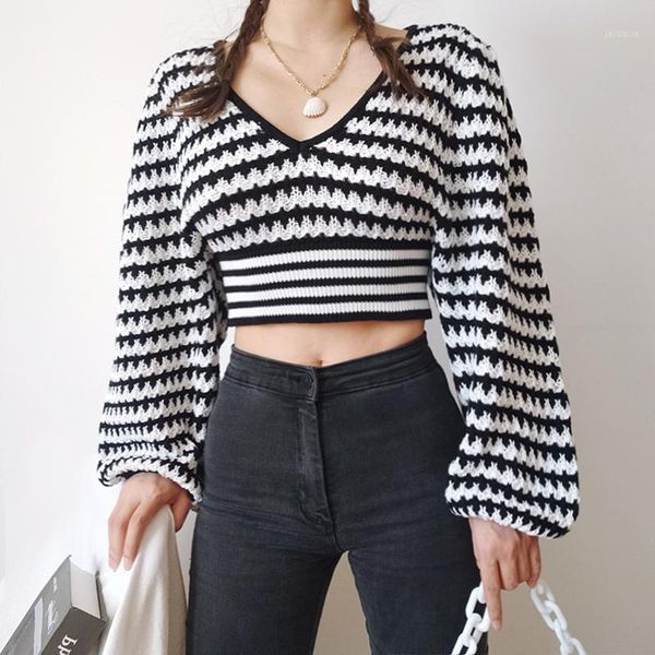 women v neck black and white striped crop jumper with lantern sleeve knit cropped knit pullover1, White;black
women v neck black and white striped crop jumper with lantern sleeve knit cropped knit pullover1, White;black