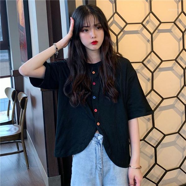 women summer t-shirt round collar solid color button tee shirt irregular short sleeve casual simple wild t-shirt 20201, White 
women summer t-shirt round collar solid color button tee shirt irregular short sleeve casual simple wild t-shirt 20201, White