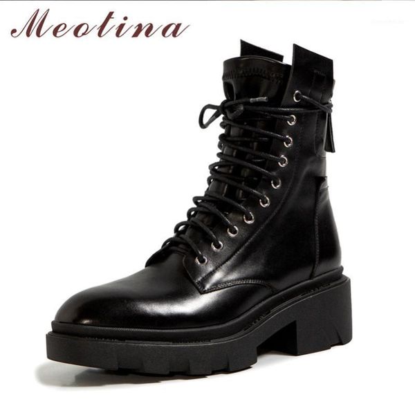 boots meotina real leather platform thick high heel short motorcycle women shoes zip cross tied ankle ladies autumn1, Black