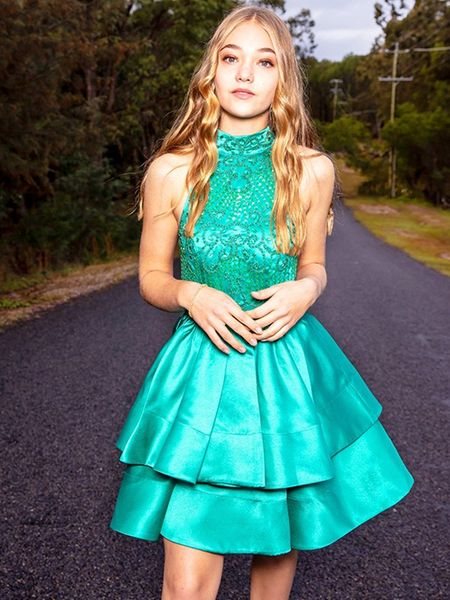 nye short special party girls' wear dresses high collar sleeveless homecoming graduation gowns tiered satin a line prom vestidos, Blue;pink
nye short special party girls' wear dresses high collar sleeveless homecoming graduation gowns tiered satin a line prom vestidos, Blue;pink