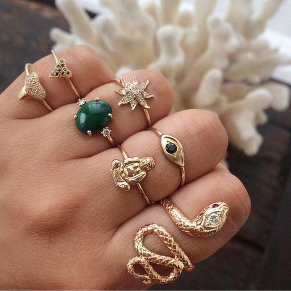 7 pcs/ set personality punk snake boddha lotus flower crystal gem ring set knuckle midi rings women jewelry gifts, Golden;silver
7 pcs/ set personality punk snake boddha lotus flower crystal gem ring set knuckle midi rings women jewelry gifts, Golden;silver