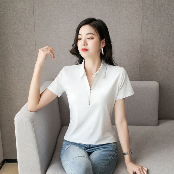 2020 летом новый корейский поло женский с коротким рукавом воротник футболки молния отворотом хлопка случайные половина топ zippert футболки, White 
2020 летом новый корейский поло женский с коротким рукавом воротник футболки молния отворотом хлопка случайные половина топ zippert футболки, White