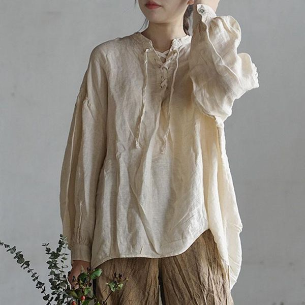 women's blouses & shirts johnature autumn 2021 cotton linen lace up stand long sleeve irregular shirt loose comfortable all-match women, White
women's blouses & shirts johnature autumn 2021 cotton linen lace up stand long sleeve irregular shirt loose comfortable all-match women, White
