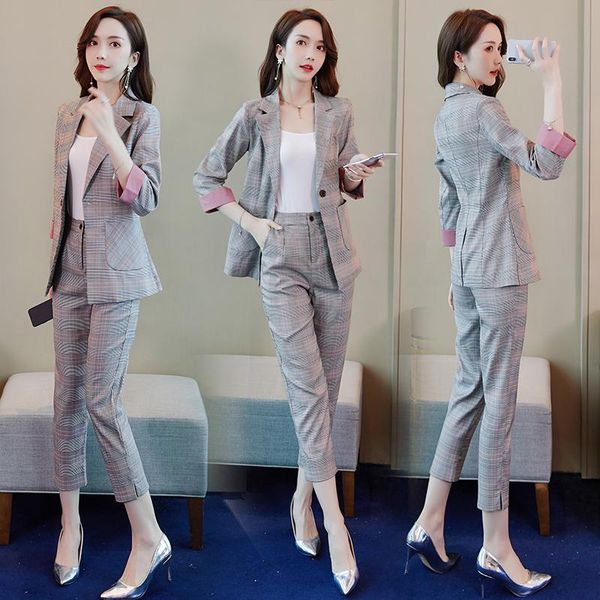 women's two piece pants spring office ladies plaid blazer suit one button pockets female set streetwear elegant women, White
women's two piece pants spring office ladies plaid blazer suit one button pockets female set streetwear elegant women, White
