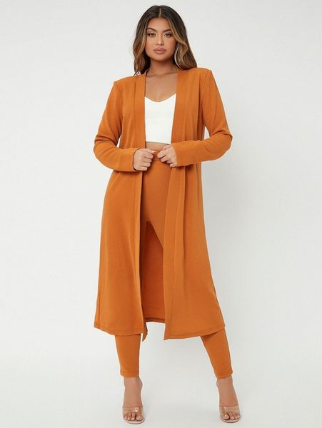 solid open front coat & high waist skinny pants q5pe#, White