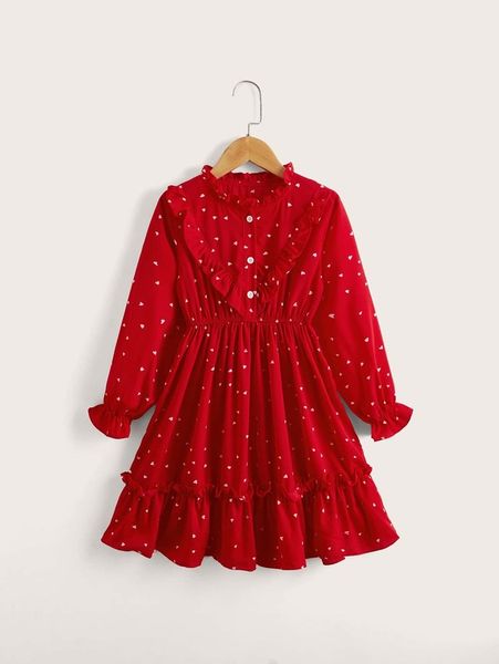 girls heart print flounce sleeve ruffle trim dress she, Red;yellow