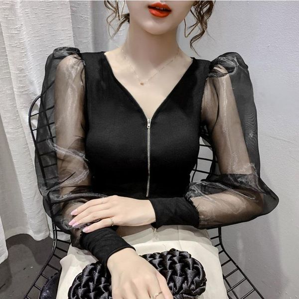 women's blouses & shirts spring autumn blouse mesh stitching v-neck long-sleeved korean style zipper slimming puff sleeve gx22, White
women's blouses & shirts spring autumn blouse mesh stitching v-neck long-sleeved korean style zipper slimming puff sleeve gx22, White
